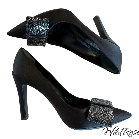 LOUIS VUITTON LIPSTICK PUMPS BLACK SATIN & PEBBLED SILVER LEATHER BOW PUMP 36.5 - Picture 7 of 17